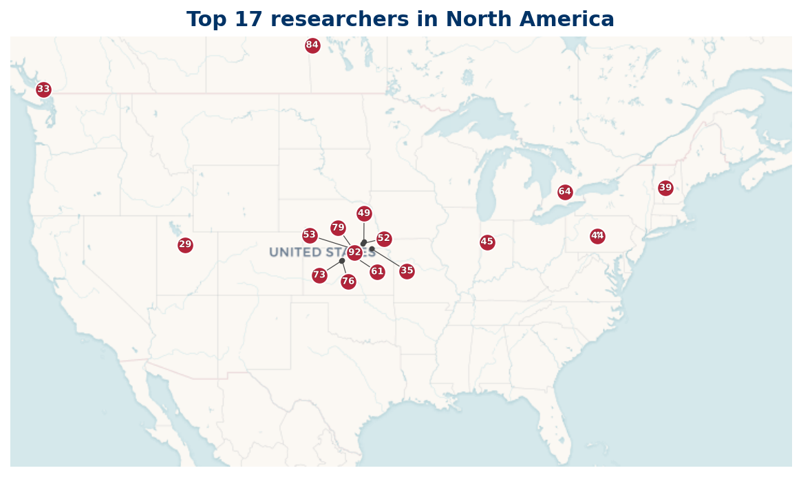 Map of North America Top 100 researchers