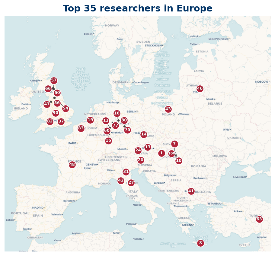 Map of Europe Top 100 researchers